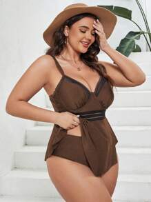 SHEIN Swim Curve Plus Contrast Mesh Ruffle Hem Dress Swimsuit - Brown - View 6