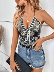 SHEIN VCAY 波西米亞露背 後系帶花卉印花女士連體衣