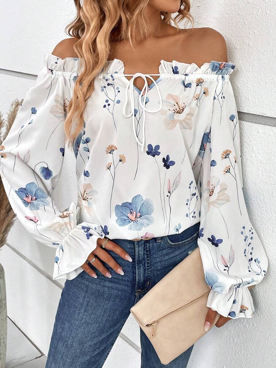 SHEIN VCAY Floral Print Off Shoulder Flare Sleeve Frill Trim Tie Front Blouse - White - View 1
