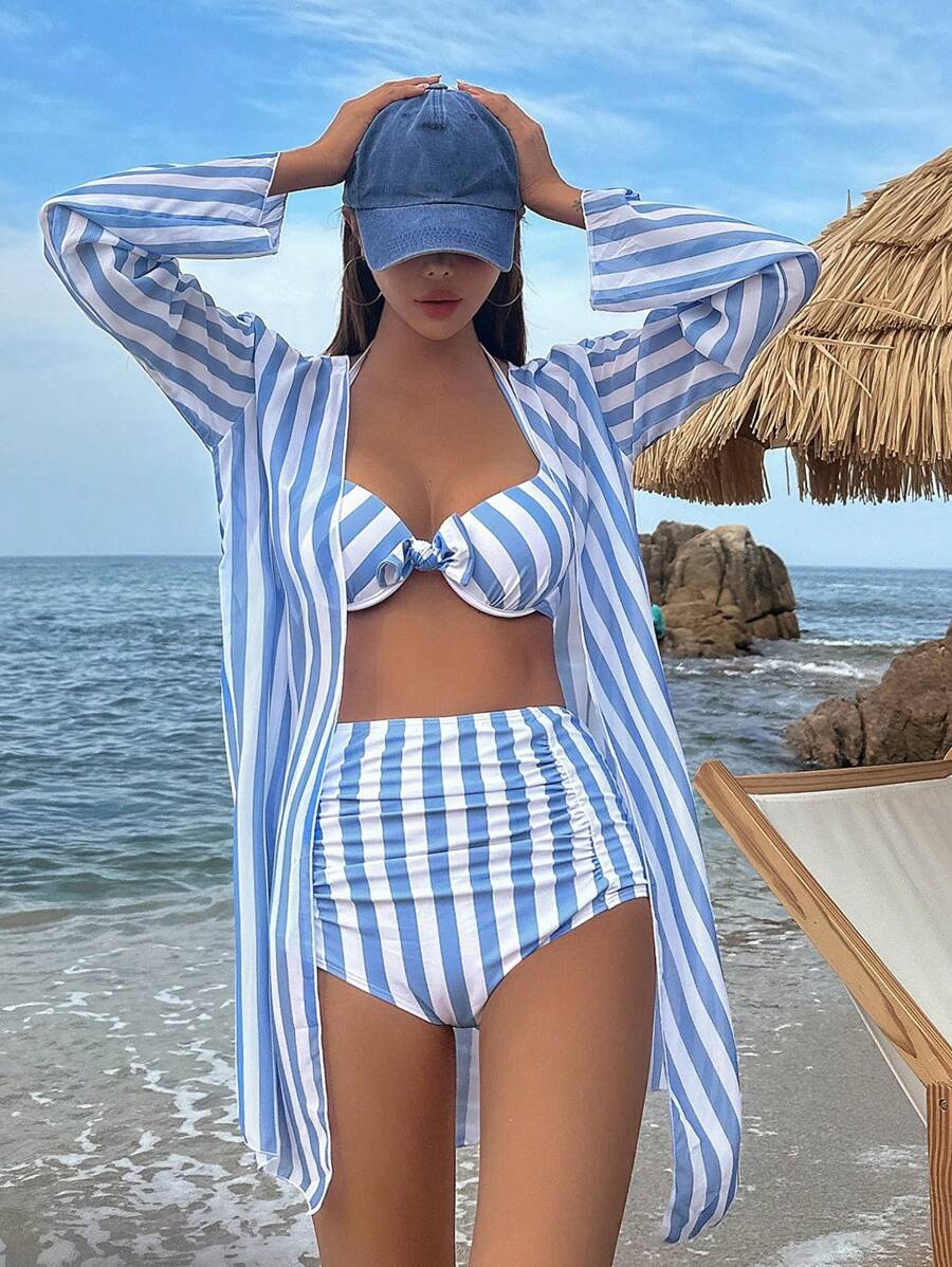 DAZY Striped High Waisted Bikini Set For Summer Beach With Kimono Festival Outfits Vacation - Blue and White - View 1