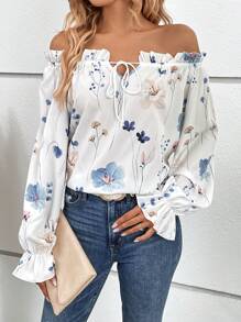 SHEIN VCAY Floral Print Off Shoulder Flare Sleeve Frill Trim Tie Front Blouse - White - View 4