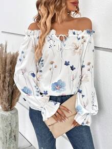 SHEIN VCAY Floral Print Off Shoulder Flare Sleeve Frill Trim Tie Front Blouse - White - View 5