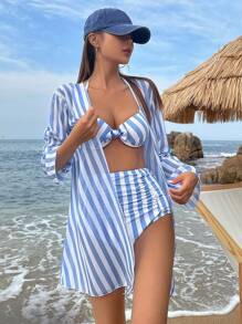 DAZY Striped High Waisted Bikini Set For Summer Beach With Kimono Festival Outfits Vacation - Blue and White - View 3