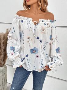 SHEIN VCAY Floral Print Off Shoulder Flare Sleeve Frill Trim Tie Front Blouse - White - View 6
