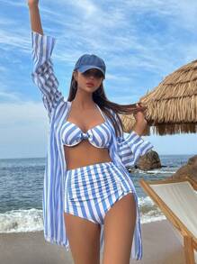 DAZY Striped High Waisted Bikini Set For Summer Beach With Kimono Festival Outfits Vacation - Blue and White - View 4