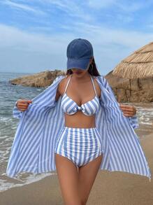 DAZY Striped High Waisted Bikini Set For Summer Beach With Kimono Festival Outfits Vacation - Blue and White - View 5