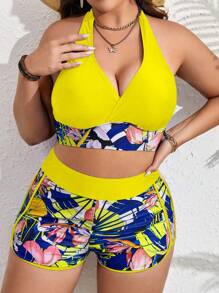 SHEIN Swim Curve Plus Size Tropical Print Halter Bikini Set Summer Beach - Yellow - View 3