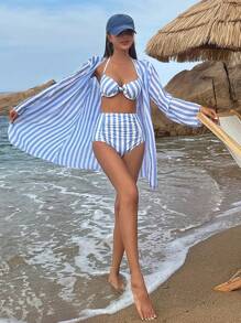 DAZY Striped High Waisted Bikini Set For Summer Beach With Kimono Festival Outfits Vacation - Blue and White - View 6