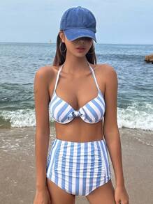DAZY Striped High Waisted Bikini Set For Summer Beach With Kimono Festival Outfits Vacation - Blue and White - View 8