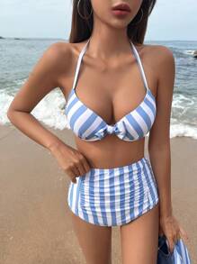 DAZY Striped High Waisted Bikini Set For Summer Beach With Kimono Festival Outfits Vacation - Blue and White - View 10
