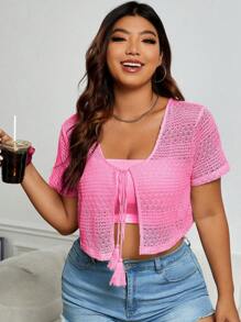 SHEIN MOD Talla grande Top crop con nudo delantero sin top de tirantes - Rosa Fucsia - Ver 3