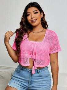 SHEIN MOD Talla grande Top crop con nudo delantero sin top de tirantes - Rosa Fucsia - Ver 1
