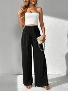 SHEIN Tall Solid Wide Leg Pants - Black - View 1