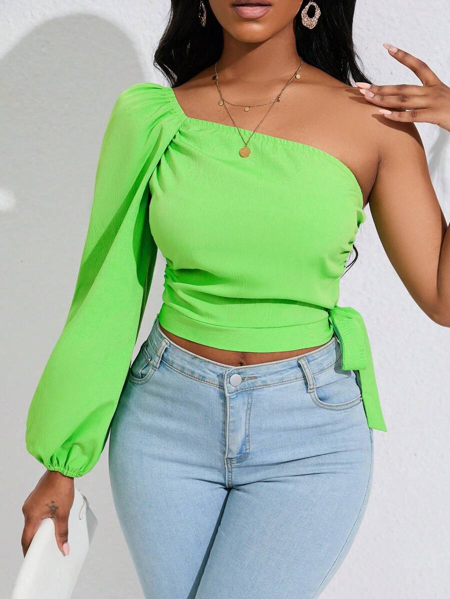 SHEIN Unity Tay áo lồng đèn một vai Nút ven Áo sơ mi Crop - màu xanh lá - Xem 1