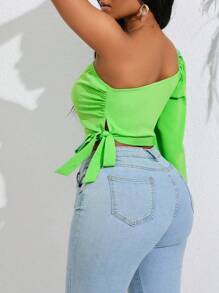 SHEIN Unity Tay áo lồng đèn một vai Nút ven Áo sơ mi Crop - màu xanh lá - Xem 3