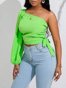 SHEIN Unity Tay áo lồng đèn một vai Nút ven Áo sơ mi Crop - màu xanh lá - Xem 4