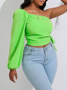 SHEIN Unity Tay áo lồng đèn một vai Nút ven Áo sơ mi Crop - màu xanh lá - Xem 5