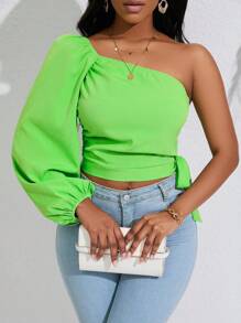 SHEIN Unity Tay áo lồng đèn một vai Nút ven Áo sơ mi Crop - màu xanh lá - Xem 7