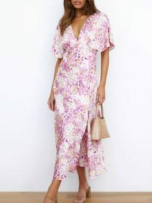 Allover Floral Print Split Thigh Dress - Multicolor - View 3