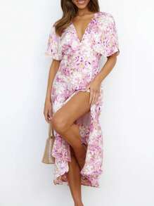 Allover Floral Print Split Thigh Dress - Multicolor - View 4
