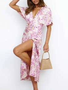 Allover Floral Print Split Thigh Dress - Multicolor - View 6