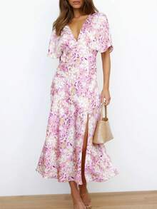 Allover Floral Print Split Thigh Dress - Multicolor - View 7