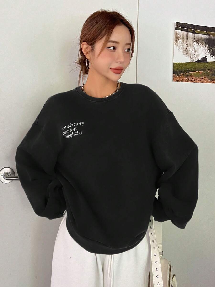 DAZY Slogan Graphic Drop Shoulder Pullover - Black - View 1