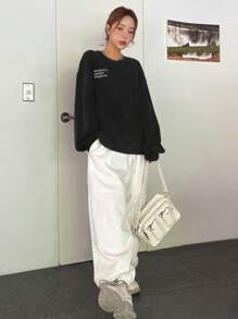 DAZY Slogan Graphic Drop Shoulder Pullover - Black - View 4