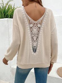 Breezaya 尔蕾丝拼接落肩套头卫衣 秋季卫衣 - 杏色 - 查看 3