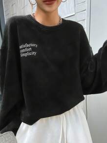 DAZY Slogan Graphic Drop Shoulder Pullover - Black - View 5