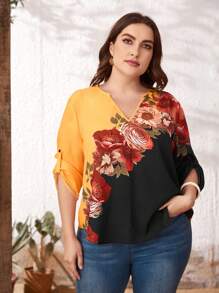 EMERY ROSE Plus Notch Neck Roll Tab Sleeve Floral Top - Multicolor - View 1