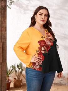 EMERY ROSE Plus Notch Neck Roll Tab Sleeve Floral Top - Multicolor - View 3