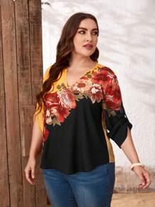 EMERY ROSE Plus Notch Neck Roll Tab Sleeve Floral Top - Multicolor - View 4
