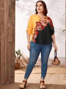 EMERY ROSE Plus Notch Neck Roll Tab Sleeve Floral Top - Multicolor - View 5