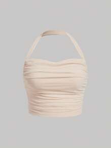 SHEIN MOD Plus Draped Collar Ruched Backless Halter Top - Apricot - View 1