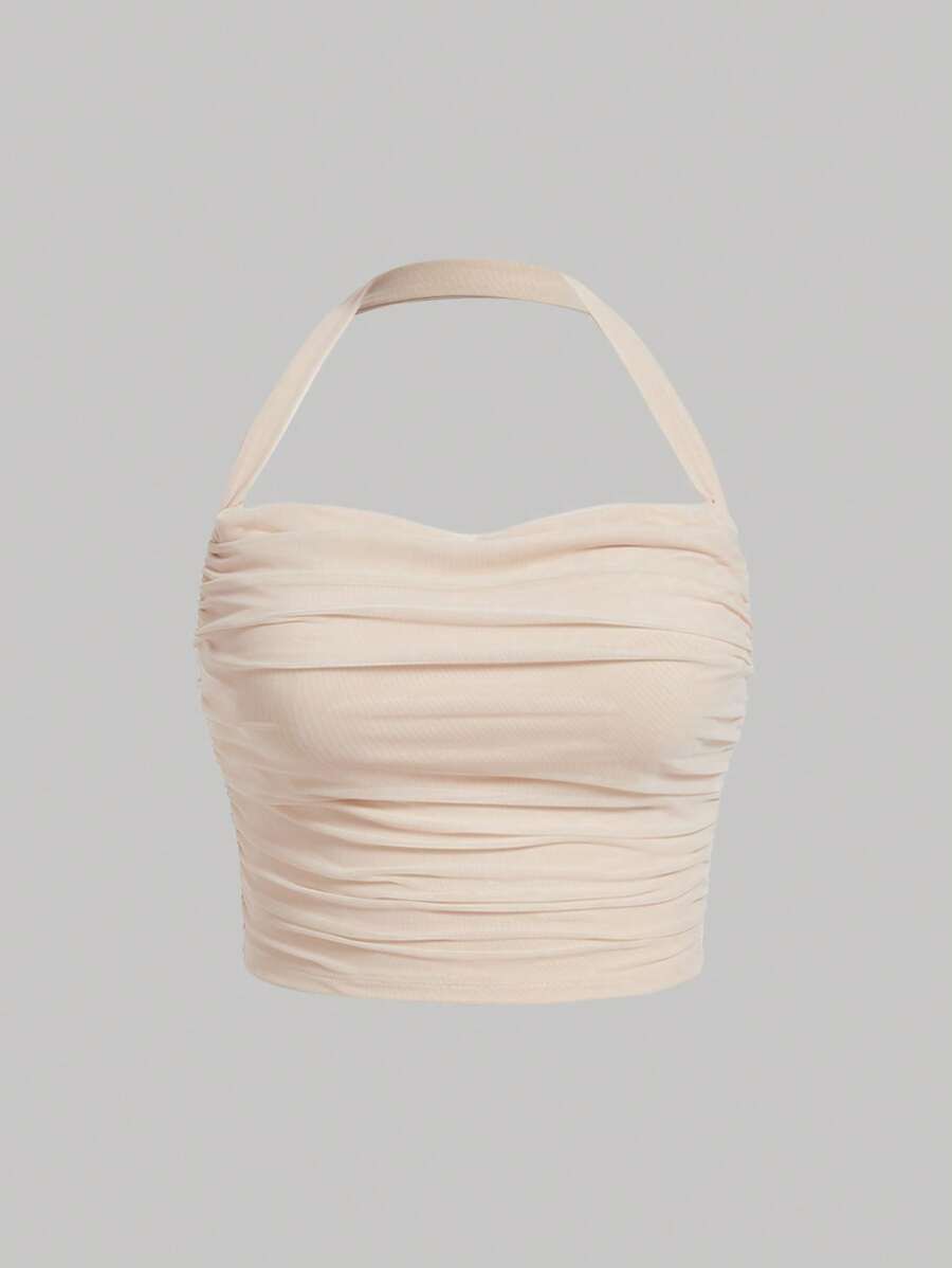 SHEIN MOD Plus Draped Collar Ruched Backless Halter Top - Apricot - View 1