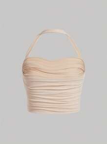 SHEIN MOD Plus Draped Collar Ruched Backless Halter Top - Apricot - View 2