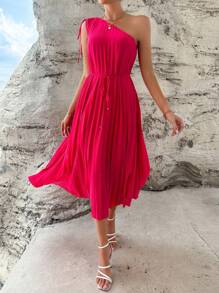 SHEIN Privé 單肩百褶繫腰帶連衣裙