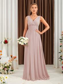 Floral Lace Applique Ruched Chiffon Bridesmaid Dress - Dusty Pink - View 1