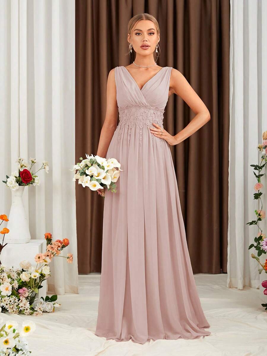 Floral Lace Applique Ruched Chiffon Bridesmaid Dress - Dusty Pink - View 1