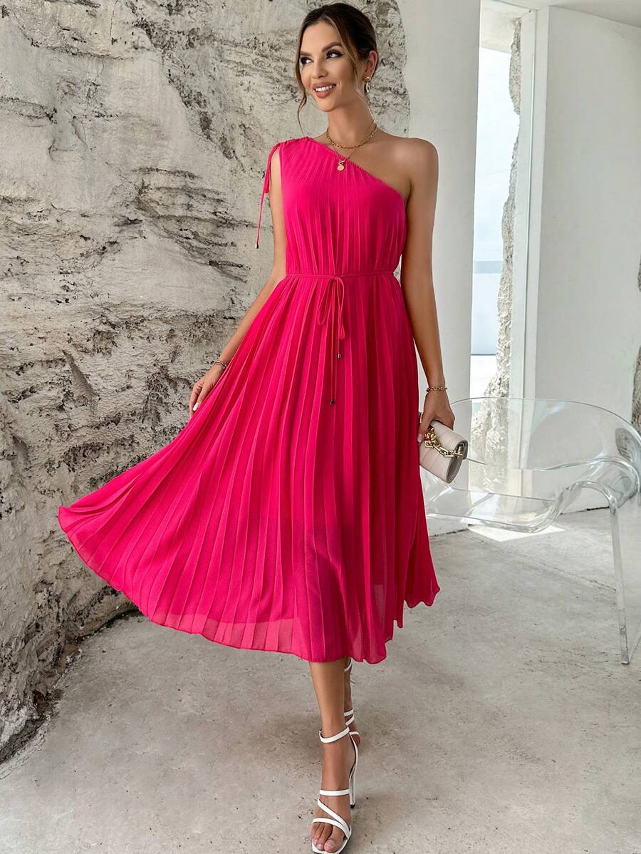 SHEIN Privé 單肩百褶繫腰帶連衣裙