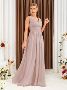 Floral Lace Applique Ruched Chiffon Bridesmaid Dress - Dusty Pink - View 4