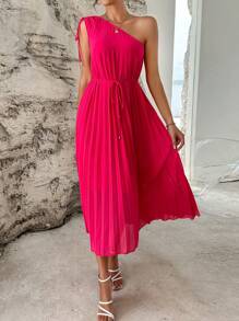 SHEIN Privé 單肩百褶繫腰帶連衣裙