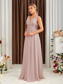 Floral Lace Applique Ruched Chiffon Bridesmaid Dress - Dusty Pink - View 5