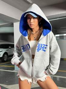 Muchica Áo hoodie có khóa kéo hở vai họa tiết chữ, áo dài tay tốt nghiệp, trang phục trở lại trường, tốt nghiệp, trang phục giáo viên nữ, trở lại trường vào mùa thu/đông - Màu Xám nhạt - Xem 1