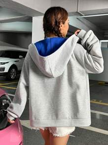 Muchica Áo hoodie có khóa kéo hở vai họa tiết chữ, áo dài tay tốt nghiệp, trang phục trở lại trường, tốt nghiệp, trang phục giáo viên nữ, trở lại trường vào mùa thu/đông - Màu Xám nhạt - Xem 2