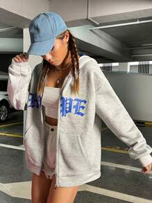 Muchica Áo hoodie có khóa kéo hở vai họa tiết chữ, áo dài tay tốt nghiệp, trang phục trở lại trường, tốt nghiệp, trang phục giáo viên nữ, trở lại trường vào mùa thu/đông - Màu Xám nhạt - Xem 3