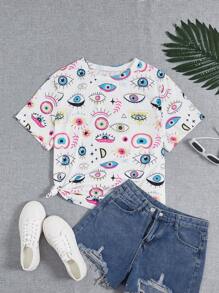 SHEIN EZwear 大碼眼睛圖案T恤 - 白色 - 查看 1