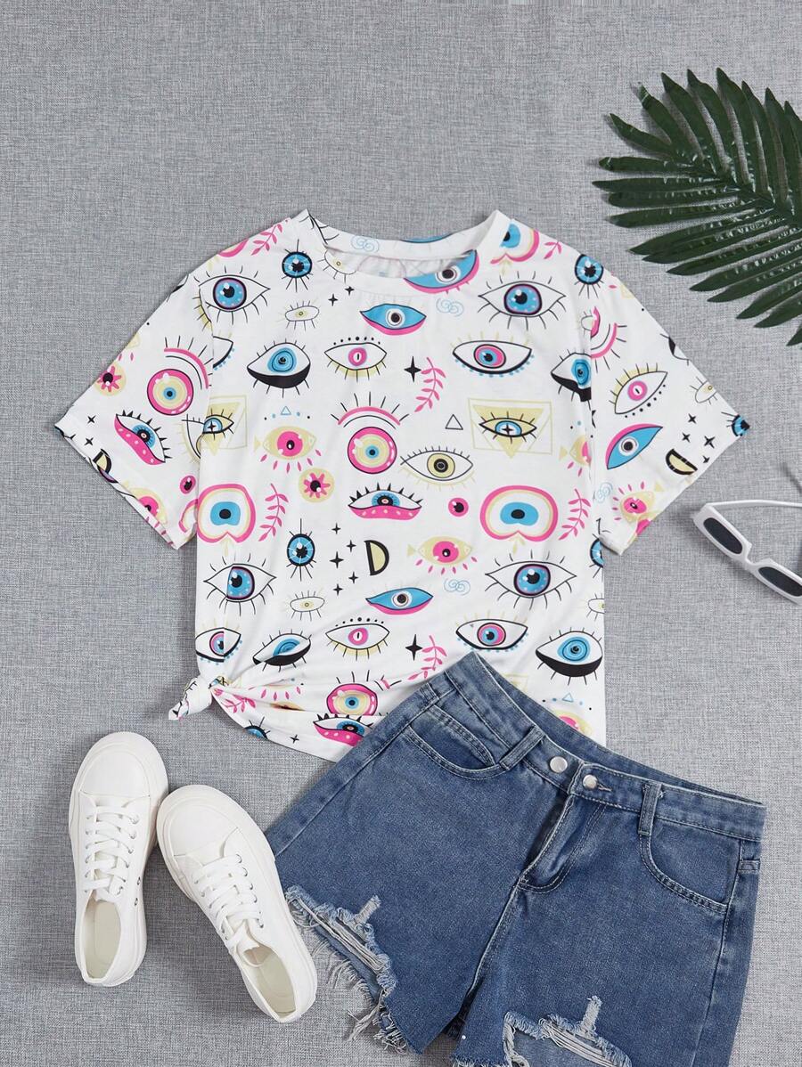 SHEIN EZwear 大碼眼睛圖案T恤 - 白色 - 查看 1