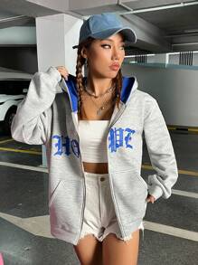 Muchica Áo hoodie có khóa kéo hở vai họa tiết chữ, áo dài tay tốt nghiệp, trang phục trở lại trường, tốt nghiệp, trang phục giáo viên nữ, trở lại trường vào mùa thu/đông - Màu Xám nhạt - Xem 4